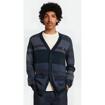 Lyle & Scott Textured Stripe Cardigan Z271 Dark Navy Size: XS | Cardigans Outlet | Heren | Blauw