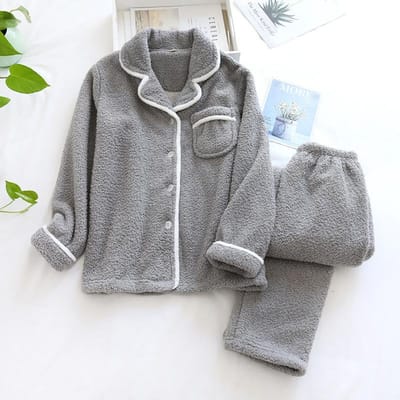 Nieuwe Herfst- en Winter Dames Grote Maat Wollen Thermische Pyjama Set Comfortabel Katoen Wol Eenvoudige Huiskleding Pyjama voor Dames XL gray
