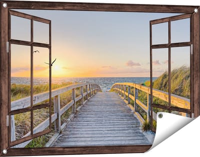 Gards Tuinposter Doorkijk Voetpad met Zee en Vogels - 90x60 cm - Tuindoek - Tuindecoratie - Wanddecoratie buiten - Tuinschilderij