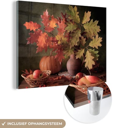 MuchoWow® Glasschilderij 160x120 cm - Schilderij acrylglas - Stilleven - Pompoen - Bladeren - Appel - Kersen - Herfst - Foto op glas - Muurdecoratie woonkamer - Wanddecoratie slaapkamer - Schilderijen