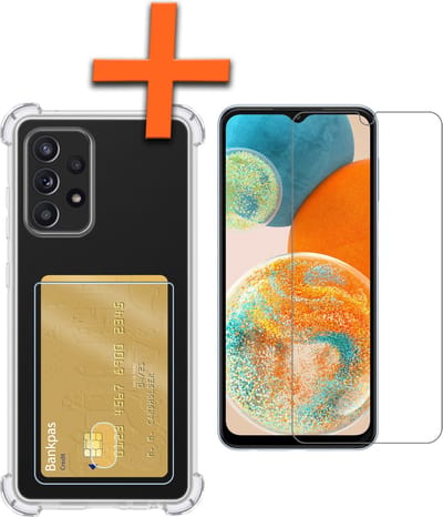 Hoes - Geschikt voor Samsung Galaxy A23 - Met Screenprotector - En Pashouder - En Kaarthouder - Telefoon Hoesje Shockproof - Siliconen Case - Back Cover - Shock Proof - Pasjes Houder - Transparant