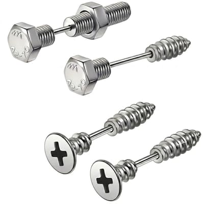 Zilverkleurige oorstekers voor heren – oorbellen in bout en schroef design – stoere metalen oorstekers met industriële uitstraling