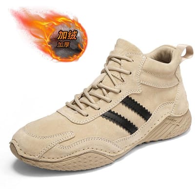 Echt leren herenschoenen met hoge bovenkant, lente- en herfstschoenen, koeienhuid, winterfleecevoering, verdikking, thermische katoenen schoenen, enkellaarsjes voor werk 46 beige
