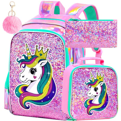 3-delige Set Rugzak met Glitters en Pailletten Eenhoorn Meisjes Schattige Schooltas Lunchbox Etui Kinderen Reis Dagrugzak