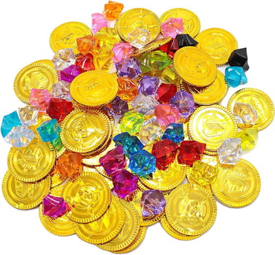 Gouden Munten en Piratenschat Set met 50 Thalers en 50 Piratengems voor Kinderfeestjes, Schatjachten en Cadeaus