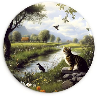 WallCircle® Wandcirkel 120x120 cm - Muurcirkel Kat - Beekje - Weide - Muurdecoratie woonkamer - Wanddecoratie slaapkamer - Kamer decoratie accessoires - Ronde schilderijen XXL
