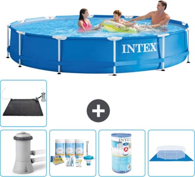 Intex Rond Frame Zwembad - 366 x 76 cm - Blauw - Inclusief Pomp - Onderhoudspakket - Filter - Grondzeil - Solar Mat - 6-delig
