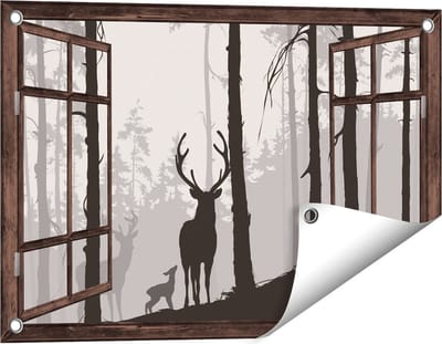 Gards Tuinposter Doorkijk Herten in het Bos - Silhouet - 60x40 cm - Tuindoek - Tuindecoratie - Wanddecoratie buiten - Tuinschilderij