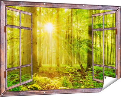 Gards Tuinposter Doorkijk Groen Bos met Schijnende Zonnestralen - 150x100 cm - Tuindoek - Tuindecoratie - Wanddecoratie buiten - Tuinschilderij