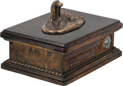 Persoonlijke urn voor Afghan Hound met beeldje en houten design