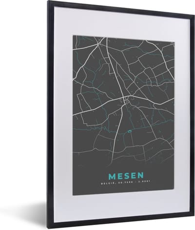 Fotolijst incl. Poster - België – Mesen – Stadskaart – Kaart – Blauw – Plattegrond - 30x40 cm - Posterlijst