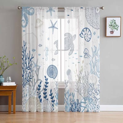 Marine Koraal in Zomer Schildpad Tule Raamgordijnen voor Slaapkamer Luxe Huisdecoratie Drapes in Woonkamer Chiffon Panelen 135W x 160H(cm)