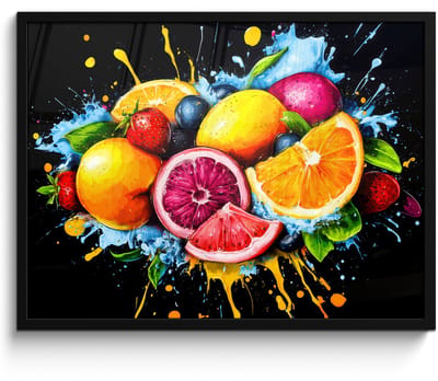 Poster in lijst - Fotolijst 70x50 cm - Posters - Fruit - Graffiti - Kleurrijk - Sinaasappel - Aardbei - Abstract - Posterlijst zwart - Decoratie - Wanddecoratie woonkamer - Muurdecoratie slaapkamer