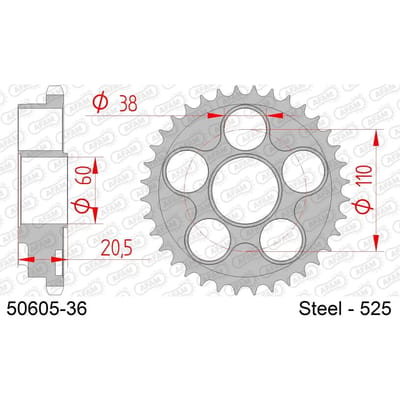 Stalen motortandwiel achteraan Afam 525 36 dents