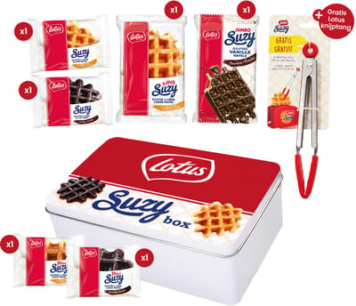 Lotus Chocolade Suzy snackbox - De ultieme collection box met Lotus knijptang - Lotus Suzy wafels vanille & chocolade - 334g