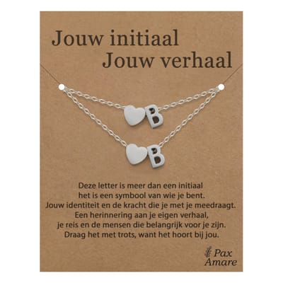 Letter B ketting + armband set op Cadeau Kaartje - Jouw initiaal, jouw verhaal - Zilverkleurig Stainless Steel - Initiaal & Hartje Hanger - Pax Amare