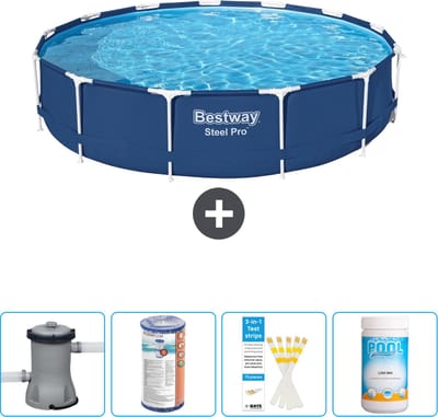 Bestway Rond Steel Pro Zwembad - 396 x 84 cm - Blauw - Inclusief Pomp Filter - Testrips - Chloor