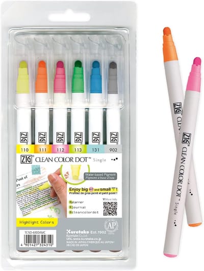Kuretake ZIG Clean Color Dot Single Highlight 6 Color Set # TCSD-6100/6VC
