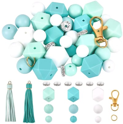 70 stuks silicone kralen kit rubber zeshoekige rondellen ronde kralen met sleutelhangers, kwastjes, messing rhinestone losse spacer kralen sets voor sieraden maken, sleutelhangers, armbande