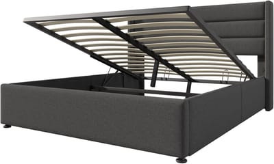 Opbergbed, gestoffeerd bed, hydraulisch tweepersoonsbed (140x200 cm), inclusief matras, lattenbodem van hout, lattenbodem van metaal, linnen, grijs