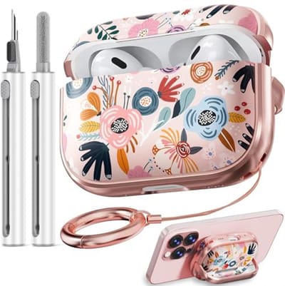 Schattig Bloemen Hoesje voor AirPods Pro 2/1 - Harde Schokbestendige Beschermhoes met Reinigingsset
