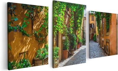 Artaza Canvas Schilderij Drieluik Straatje in Rome met Groene Planten - 120x60 - Foto Op Canvas - Canvas Print