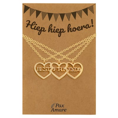 BFF Ketting voor 3 'Hiep Hiep Hoera' - 3 hartjes - Best Friends - Vriendschapsketting op Cadeau Kaartje - 45cm + 5cm verstelbaar - Goudkleurig - Verjaardags Hanger - Pax Amare