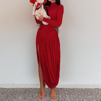 Sexy Damesjurk met Halve Turtleneck Modieuze Sexy Effen Kleur Lange Jurk 3XL