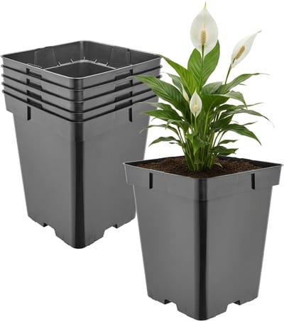 Garronda Set van 5 hoge vierkante kunststof bloempotten met drainagegaten voor tuin (Zwart, 18 x 18 x 21,5 cm (5L)) GD-KW-HS