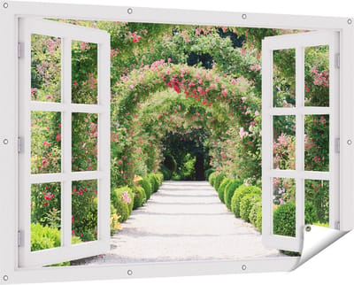 Gards Tuinposter Doorkijk Rozenbogen Tunnel - 150x100 cm - Tuindoek - Tuindecoratie - Wanddecoratie buiten - Tuinschilderij