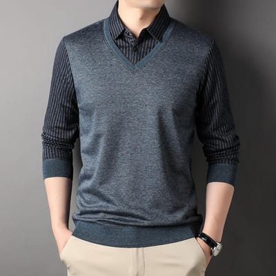Zakelijke Revers Mode Gestreept Gebreid Trui Heren Nieuwe Fake Tweedelige Gebreide Truien Jong en Middelbaar Shirtkraag Top 3XL