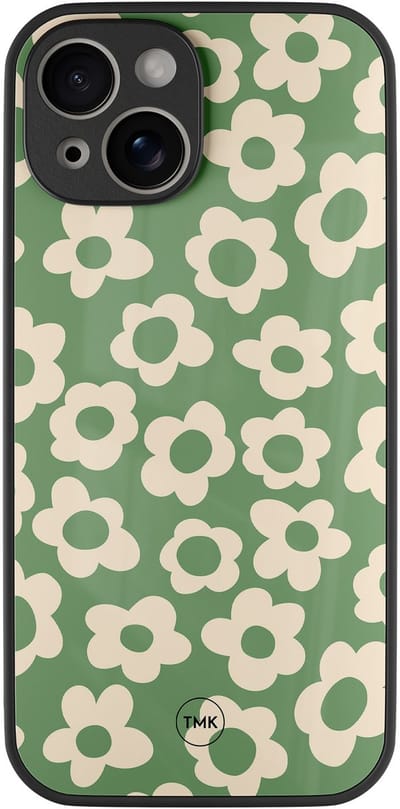Hoesje geschikt voor Apple iPhone 13 - Retro cute flowers - Groen - TPU luxe case (glossy toplaag) - Bloemen - Hardcase backcover zwart