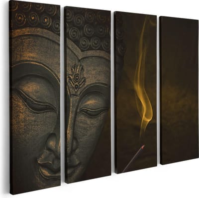 Artaza Canvas Schilderij Vierluik Boeddha Beeld Met Wierook - 80x60 - Foto Op Canvas - Canvas Print