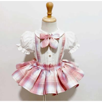 Meisjes Jk Uniform Pak Driedelig Set Shirt + Rok + Strik Baby Meisje Preppy Rokpak Zoete Coole Wind Pofmouw Shirt Ruit JK Rok College Stijl 80 roze