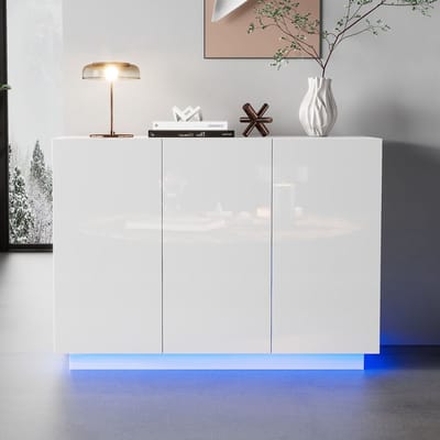 MODFU Wit hoogglans dressoir met scharnierende opbergruimte en ledverlichting; afmetingen: 120x40x75 cm.