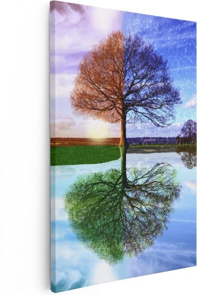 Artaza Canvas Schilderij Vier Seizoenen Boom - 20x30 cm - Klein - Wanddecoratie Woonkamer - Muurdecoratie Reflectie Water - Schilderijen Op Canvas