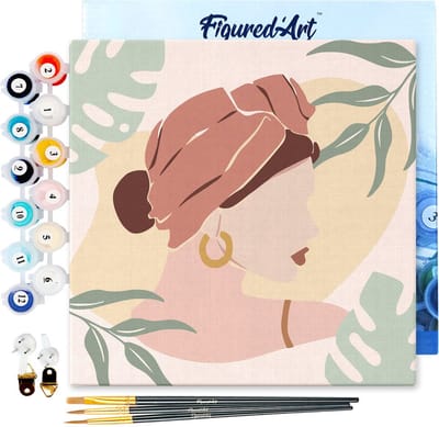 Figured'Art Mini Schilderen op Nummer Volwassenen 20x20cm met lijst Vrouw met tulband in profiel - Klein Formaat Creatieve Hobby Kit DIY Art Nummer Compleet