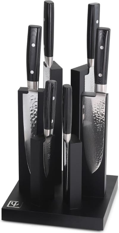 Yaxell Zen Messenset – 7-delig – Magnetisch 'Tower' Messenblok met 6 Messen – 37 Lagen Damaststaal – Canvas-Micarta Heft