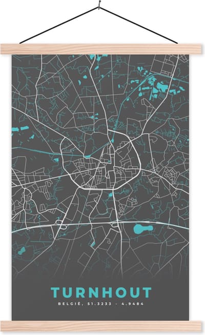 Posterhanger incl. Poster 40x60 cm - Schoolplaat - België – Turnhout – Stadskaart – Kaart – Blauw – Plattegrond - Textielposter - Blanke latten - Stadskaart