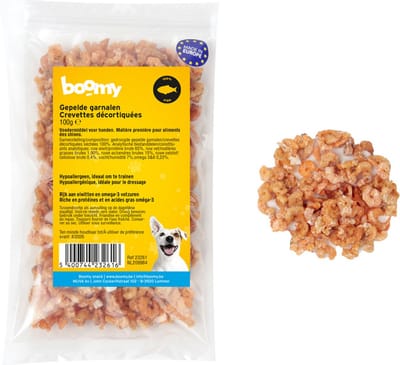 Boomy - Natuurlijke hondensnacks - Hondensnoepjes - Hondenkoekjes - Trainingssnacks hond - Gepelde garnalen - 100g