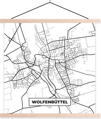 Posterhanger incl. Poster 40x40 cm - Schoolplaat - Wolfenbüttel - Stadskaart - Plattegrond - Kaart - Textielposter - Blanke latten - Stadskaart