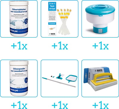 Zwembad Onderhoudspakket - Onderhoud Zwembad - bevat Chloor - Testrips - Chloordrijver - Chloor - Schoonmaakset en Scrubborstel (6-delig)
