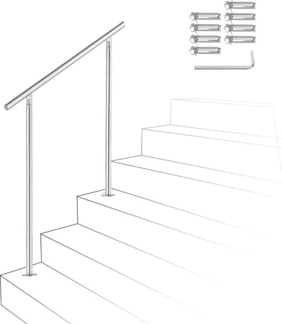 Trapleuning - Roestvrij Stalen - 80cm - Zonder Dwarsbalken - leuning voor binnen en buiten - In Hoek Verstelbaar Trapleuningen - met Kogelring en 2 Palen - voor Trap Balkon Terras Borstwering - Ø 42 mm
