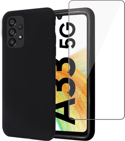 Hoesje geschikt voor Samsung A33 5G + Screenprotector – Tempered Glass - Liquid Back Case Cover Zwart