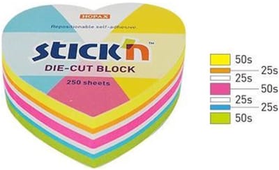 Stick'n Kubus memoblok - Hartvormig - Verschillende kleuren - 64 x 67 mm - 250 Sticky Notes