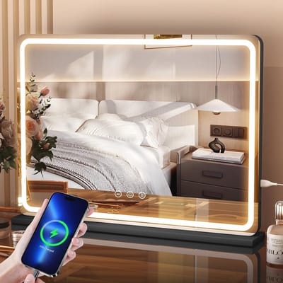 Groot Makeup Spiegel met Verlichting - 80x55cm, LED Spiegels met 3 Verlichtingsmodi, USB Aansluiting en Afneembare 10x Vergrotende Lens