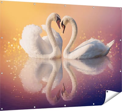 Gards Tuinposter Zwanen Koppel in een Hart Vorm - 160x120 cm - Tuindoek - Tuindecoratie - Wanddecoratie buiten - Tuinschilderij