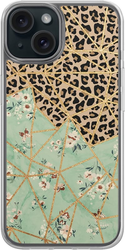 Hoesje geschikt voor iPhone 15 - Luipaard bloemen print - 2in1 backcover - Print / Illustratie - Groen - Leuke Telefoonhoesjes