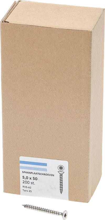 Hoenderdaal Spaanplaatschroef RVS platverzonken kop TX25 voldraad 5.0X50 (per 200 stuks)