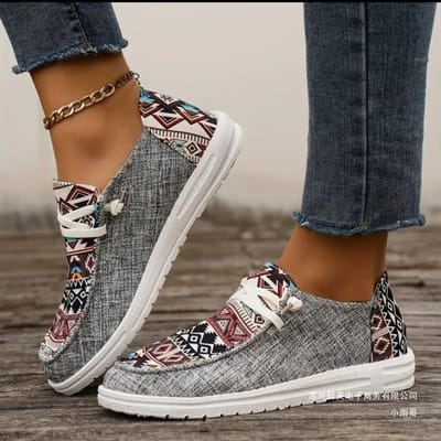 Loafers Dames Canvas Schoenen Herfst Casual Dagelijks Dames Platte Schoenen Ronde Neus Print Vetersneakers 36 gray